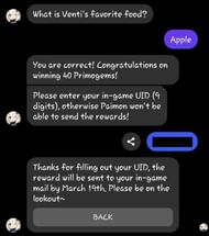 Correct answer to the question in Genshin Impact Paimon's Quiz (Image via Messenger)